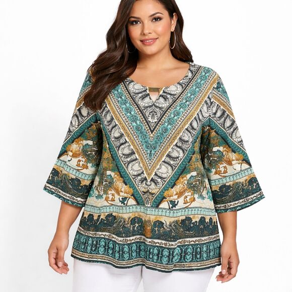 JM Collection Tops - JM Collection Tunic Size 3X Paisley Bell Sleeve